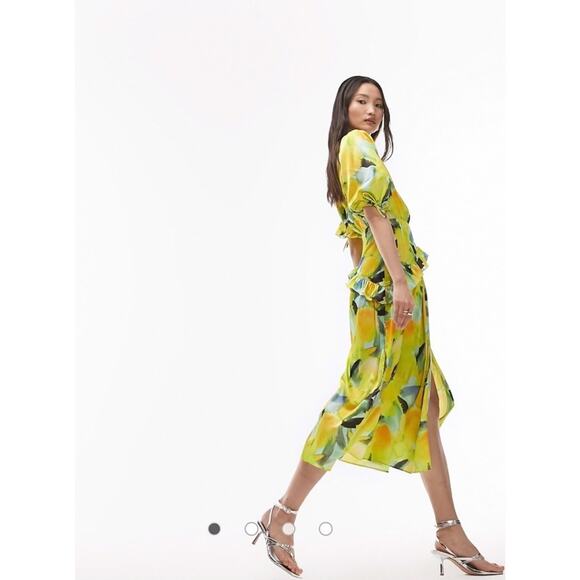 Topshop Womens Floral Midi Wrap Occasion Dress In Yellow Floral Print Size US 12 - Picture 2 of 16